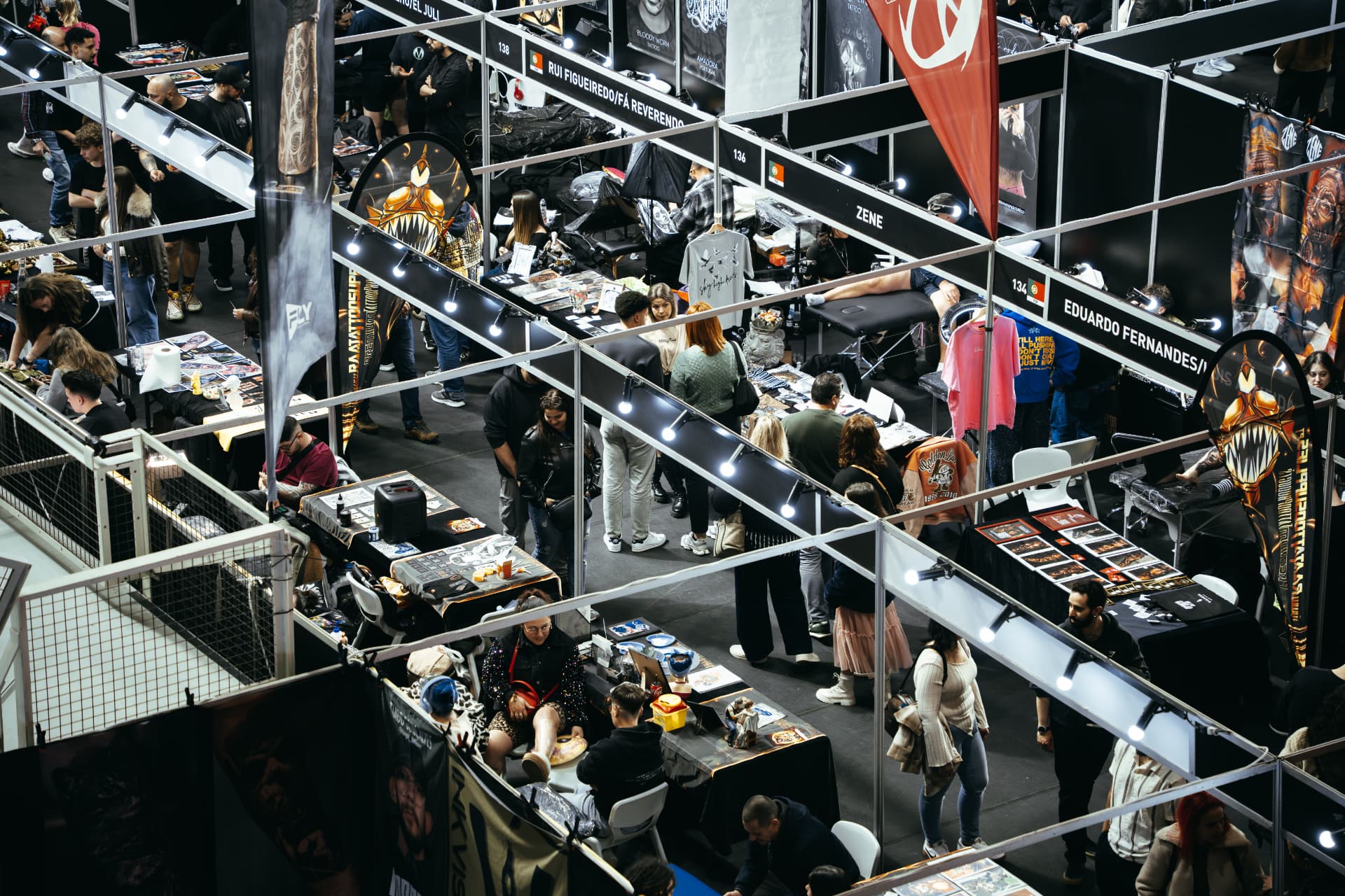 Overhead view of stands and visitors